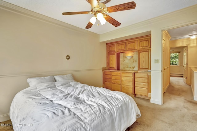 836 O Pl, Anchorage, AK 99501 - bedroom featuring baseboard heating, crown molding, light carpet, and a ceiling fan