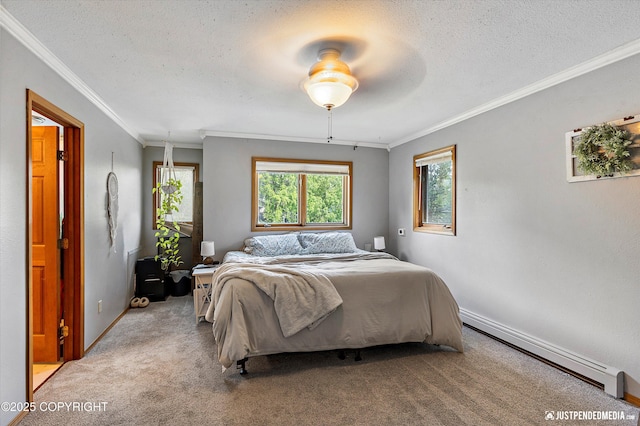 2020 N Kentucky Derby Dr, Palmer, AK 99645 - bedroom featuring crown molding, a baseboard heating unit, light carpet, a textured ceiling, and baseboards