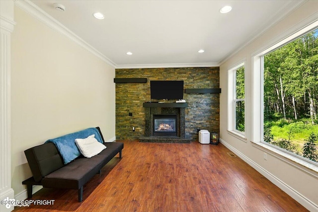 4920 W Fairview Loop, Wasilla, AK 99654 - living room featuring wood finished floors, a stone fireplace, crown molding, and recessed lighting