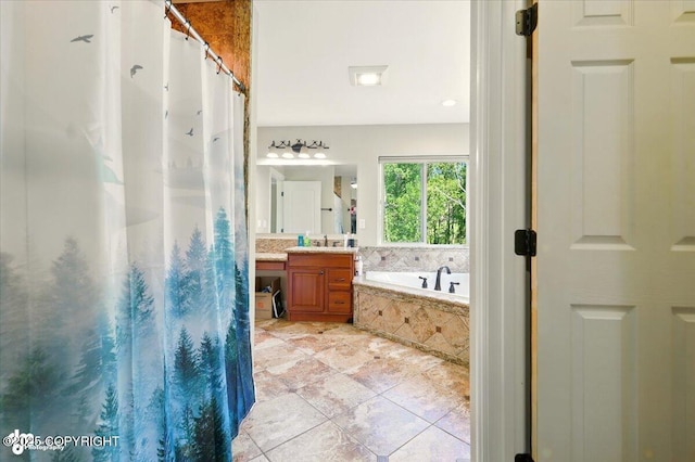 4920 W Fairview Loop, Wasilla, AK 99654 - bathroom with vanity, a bath, a shower with shower curtain, and tile patterned flooring