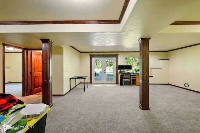 4920 W Fairview Loop, Wasilla, AK 99654 - carpeted living area featuring ornamental molding, ornate columns, french doors, and a tray ceiling