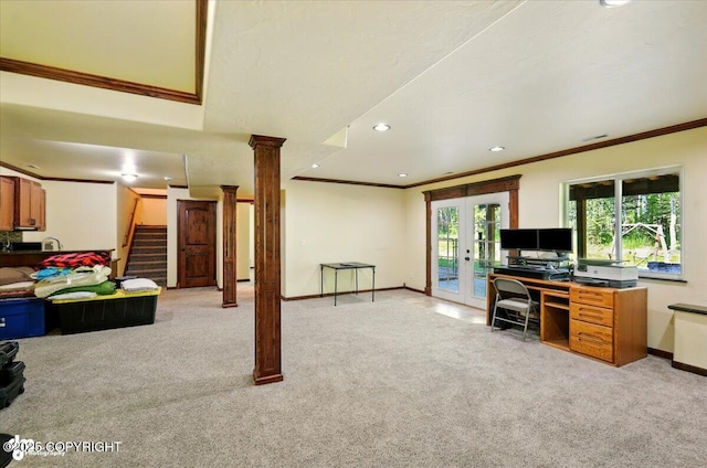 4920 W Fairview Loop, Wasilla, AK 99654 - office area featuring ornamental molding, french doors, light colored carpet, recessed lighting, and decorative columns