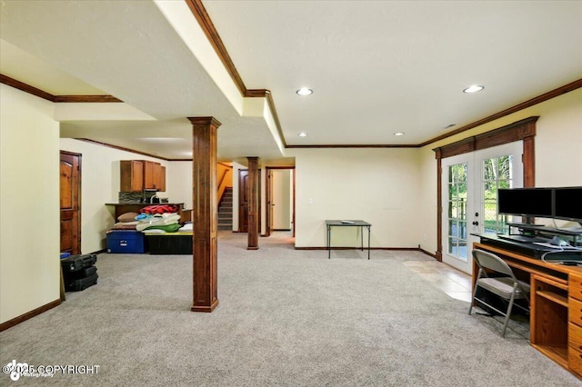 4920 W Fairview Loop, Wasilla, AK 99654 - office area featuring crown molding, light colored carpet, recessed lighting, and french doors
