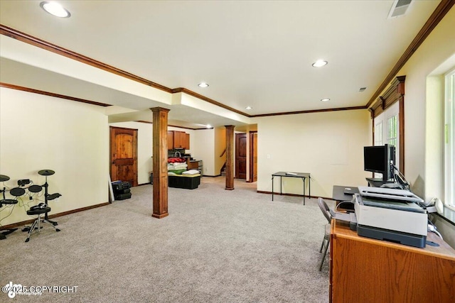 4920 W Fairview Loop, Wasilla, AK 99654 - office area featuring decorative columns, ornamental molding, light colored carpet, and recessed lighting