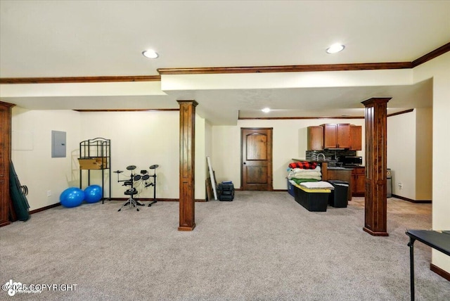 4920 W Fairview Loop, Wasilla, AK 99654 - living area featuring crown molding, light carpet, electric panel, and recessed lighting
