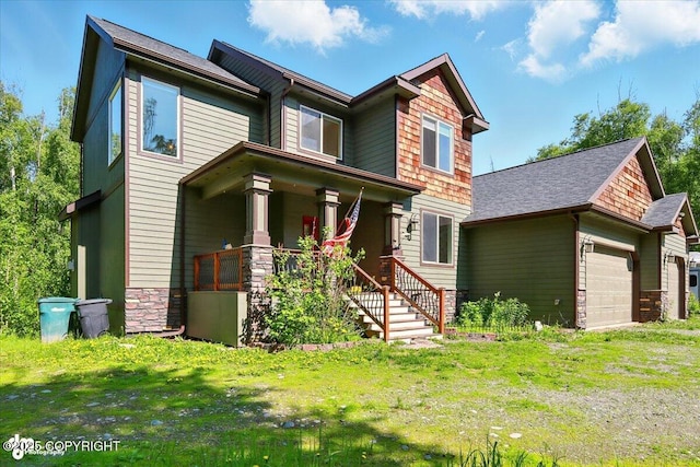 4920 W Fairview Loop, Wasilla, AK 99654 - craftsman inspired home with a porch, stone siding, a garage, and a front lawn