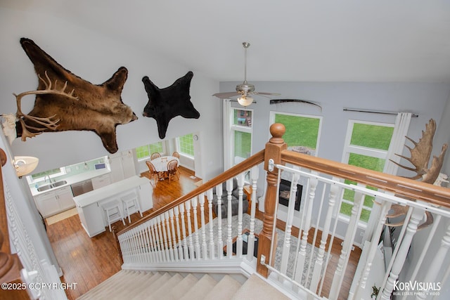 2690 E Tamarak Ave, Wasilla, AK 99654 - staircase featuring wood finished floors, a ceiling fan, and plenty of natural light