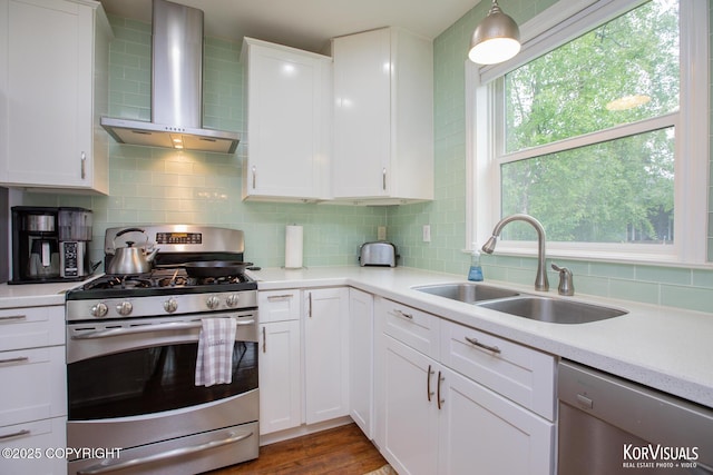 2690 E Tamarak Ave, Wasilla, AK 99654 - kitchen with appliances with stainless steel finishes, wall chimney range hood, a sink, and light countertops