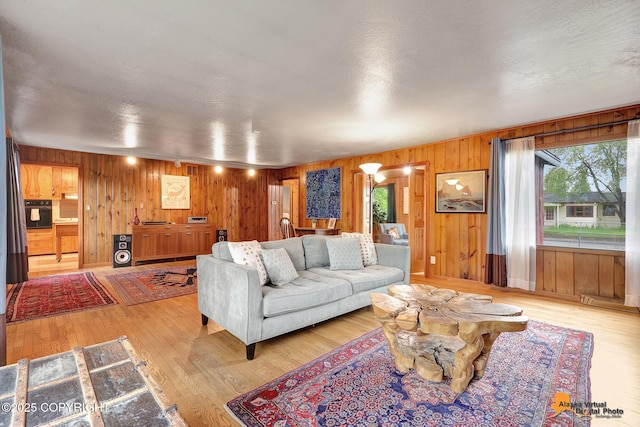 3200 E 15th Ave, Anchorage, AK 99508 - living area with wood walls, light wood-type flooring, and a textured ceiling