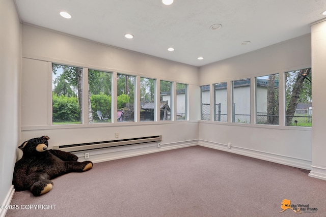 3200 E 15th Ave, Anchorage, AK 99508 - unfurnished sunroom featuring carpet flooring, a baseboard radiator, recessed lighting, and plenty of natural light
