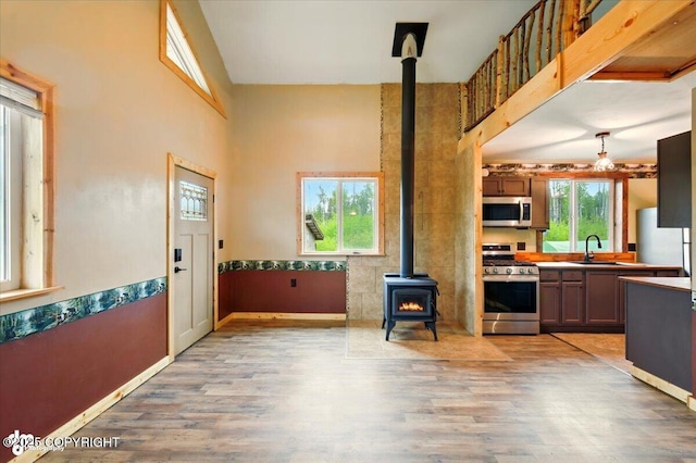 14617 N Crystal Lake Rd, Willow, AK 99688 - kitchen with appliances with stainless steel finishes, a wood stove, a sink, light wood-style floors, and wainscoting