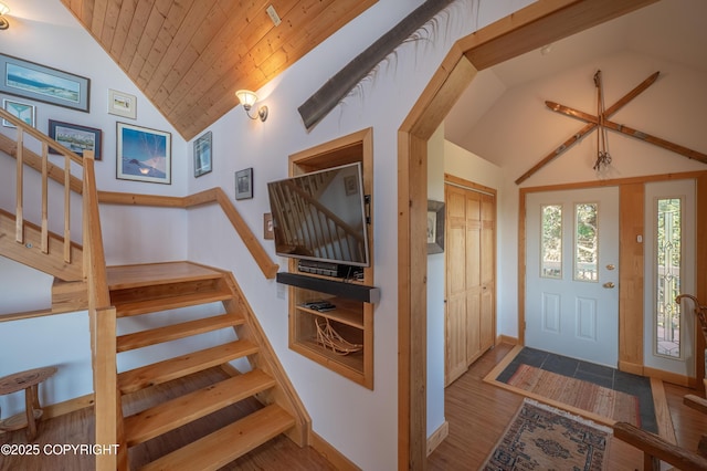 2032 Horizon Ct, Homer, AK 99603 - entryway with stairs, wood finished floors, baseboards, wood ceiling, and high vaulted ceiling