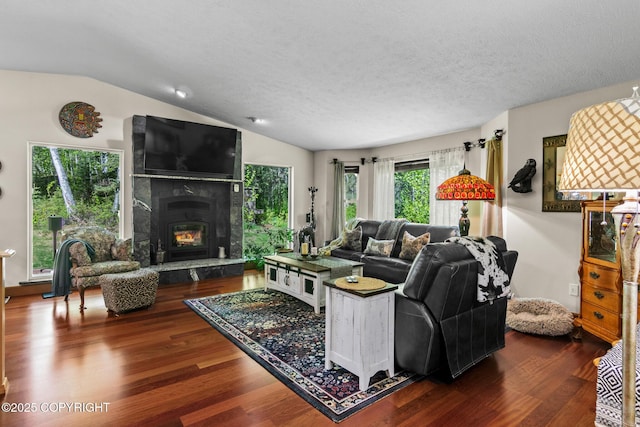 38686 Hart Ct, Soldotna, AK 99669 - living room with vaulted ceiling, dark wood-style flooring, and a large fireplace