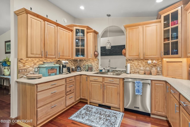 38686 Hart Ct, Soldotna, AK 99669 - kitchen with stainless steel dishwasher, light countertops, dark wood-style flooring, backsplash, and recessed lighting