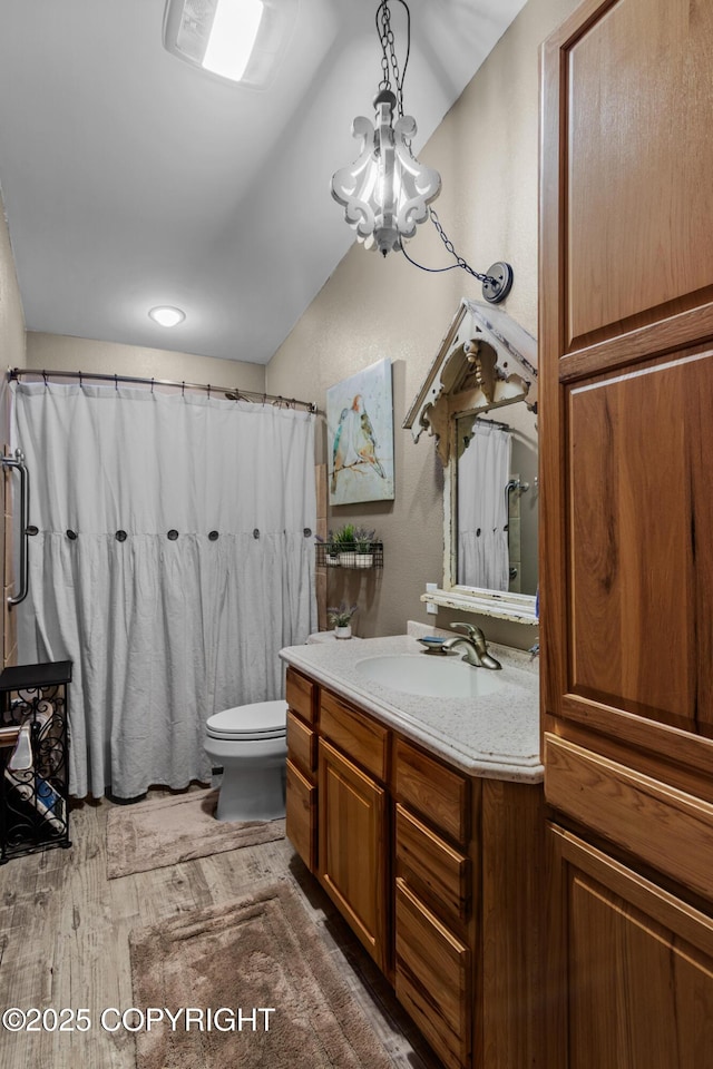 38686 Hart Ct, Soldotna, AK 99669 - bathroom with vanity, a chandelier, lofted ceiling, wood finished floors, and a shower with shower curtain