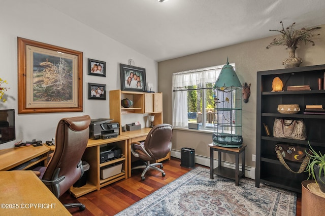 38686 Hart Ct, Soldotna, AK 99669 - office area featuring wood finished floors, a baseboard heating unit, and vaulted ceiling