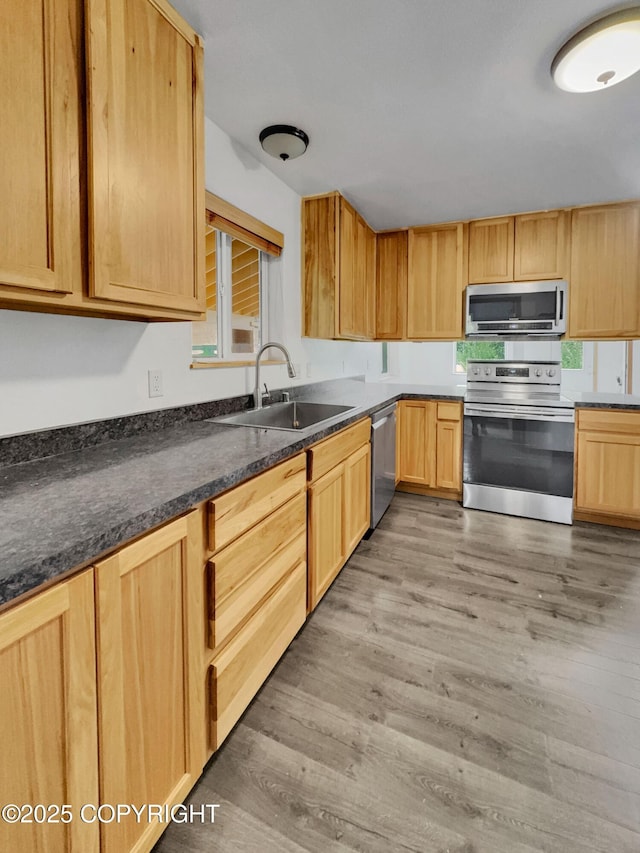 26839 S Talkeetna Spur Rd, Talkeetna, AK 99676 - kitchen with stainless steel appliances, a sink, light wood-style floors, and light brown cabinets