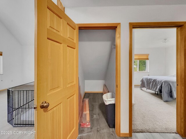 26839 S Talkeetna Spur Rd, Talkeetna, AK 99676 - bedroom featuring wood finished floors, lofted ceiling, and baseboards