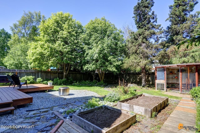 3941 Eric Cir, Anchorage, AK 99507 - fenced backyard featuring a vegetable garden, a wooden deck, and an outbuilding