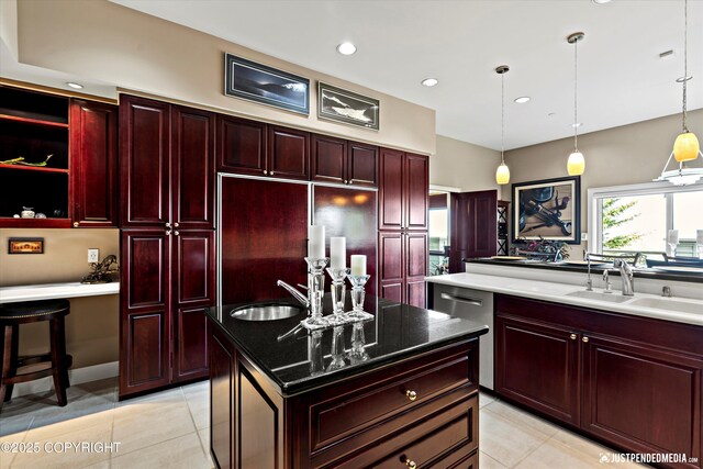 9900 Hillhaven Cir, Anchorage, AK 99507 - kitchen with dark brown cabinets, a kitchen island, stainless steel dishwasher, light tile patterned floors, and recessed lighting