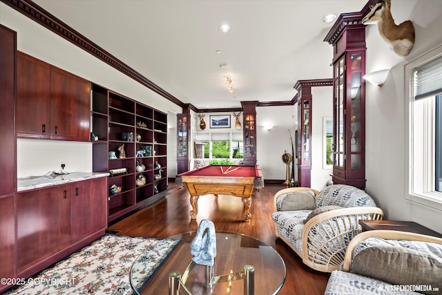 9900 Hillhaven Cir, Anchorage, AK 99507 - playroom with billiards table, plenty of natural light, ornamental molding, dark wood-type flooring, and recessed lighting