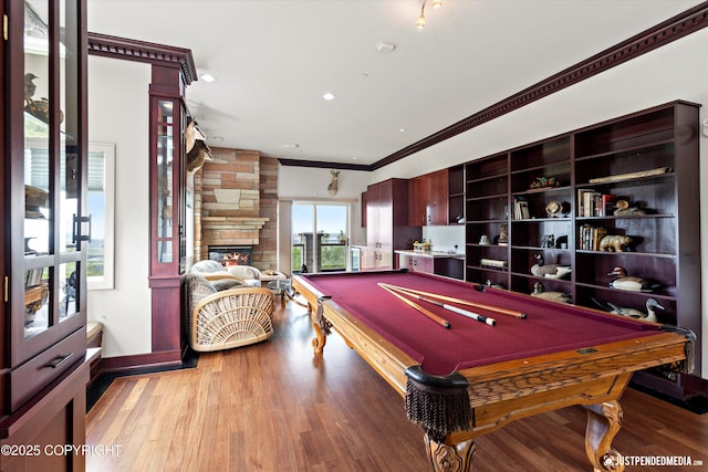 9900 Hillhaven Cir, Anchorage, AK 99507 - rec room featuring crown molding, pool table, light wood finished floors, a fireplace, and recessed lighting