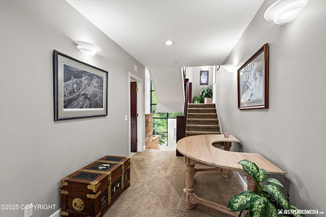 9900 Hillhaven Cir, Anchorage, AK 99507 - hallway featuring carpet flooring, stairway, and recessed lighting