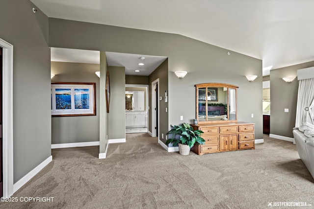 9900 Hillhaven Cir, Anchorage, AK 99507 - bathroom with carpet, vaulted ceiling, and vanity