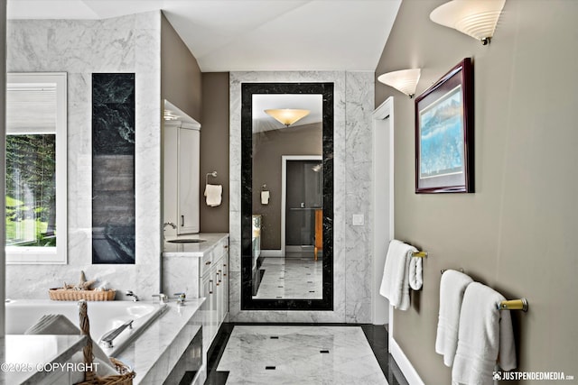 9900 Hillhaven Cir, Anchorage, AK 99507 - bathroom with a bath, marble tiled floors, and vanity