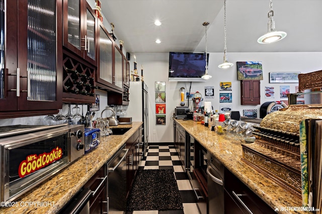 9900 Hillhaven Cir, Anchorage, AK 99507 - kitchen with decorative light fixtures, glass insert cabinets, dishwasher, light stone countertops, and recessed lighting