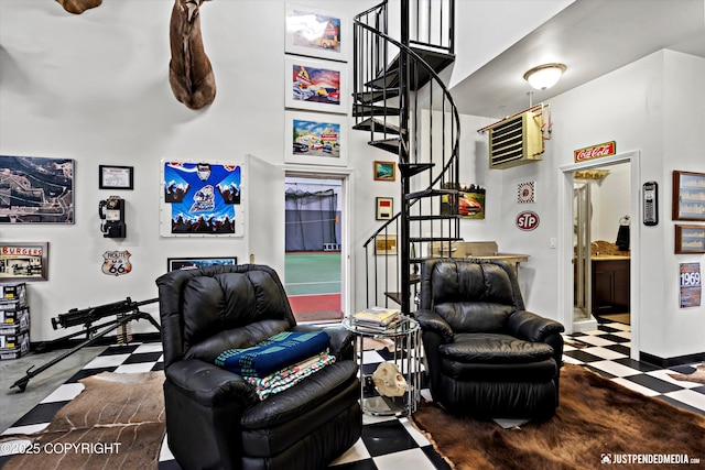 9900 Hillhaven Cir, Anchorage, AK 99507 - living room featuring stairs and a towering ceiling