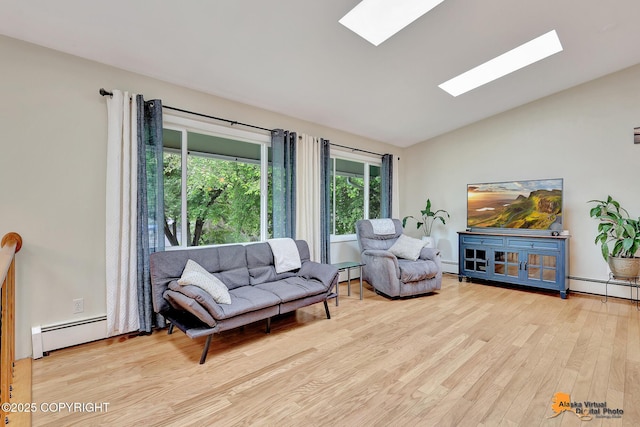 3868 Shannon Cir, Anchorage, AK 99508 - living room featuring baseboard heating, lofted ceiling, a skylight, and wood finished floors