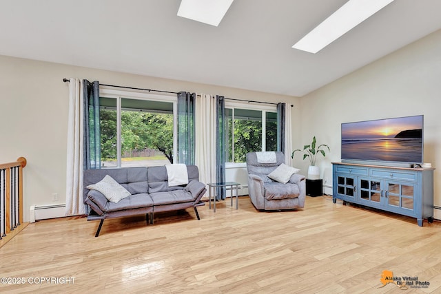 3868 Shannon Cir, Anchorage, AK 99508 - living area with a baseboard radiator, a skylight, lofted ceiling, and wood finished floors