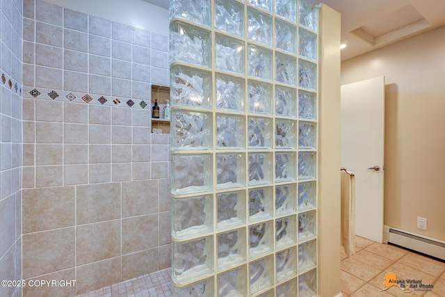 3868 Shannon Cir, Anchorage, AK 99508 - full bathroom with walk in shower, a baseboard heating unit, and tile patterned floors