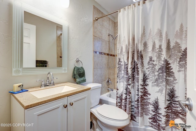 3868 Shannon Cir, Anchorage, AK 99508 - full bath featuring shower / bath combo, vanity, toilet, and a textured wall