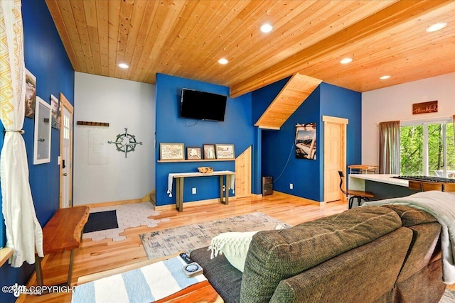 23069 Christiansen Lake Rd, Talkeetna, AK 99676 - living room featuring wood ceiling, recessed lighting, and wood finished floors