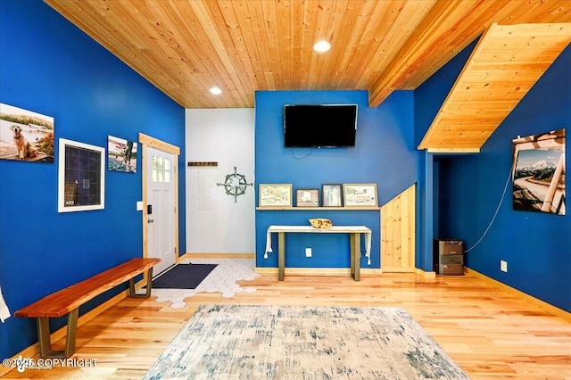 23069 Christiansen Lake Rd, Talkeetna, AK 99676 - interior space with wood ceiling, wood finished floors, and recessed lighting