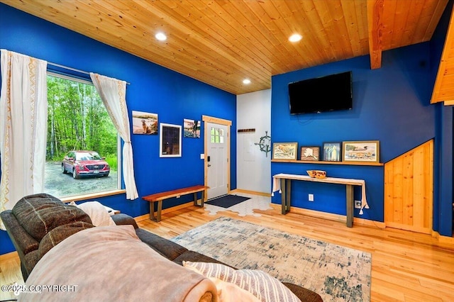 23069 Christiansen Lake Rd, Talkeetna, AK 99676 - living area featuring wood ceiling, recessed lighting, and wood finished floors