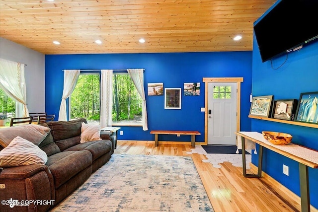 23069 Christiansen Lake Rd, Talkeetna, AK 99676 - living area with plenty of natural light, wood-type flooring, recessed lighting, and wooden ceiling