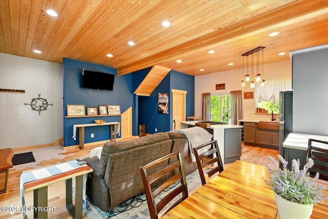 23069 Christiansen Lake Rd, Talkeetna, AK 99676 - living room with recessed lighting, wood ceiling, and light wood-style flooring