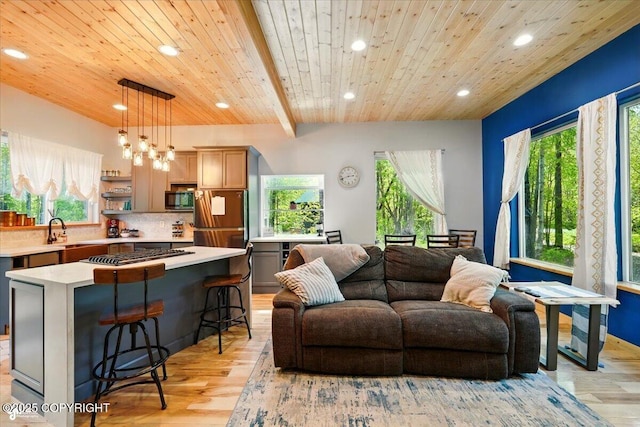 23069 Christiansen Lake Rd, Talkeetna, AK 99676 - living room with recessed lighting, wooden ceiling, and light wood finished floors