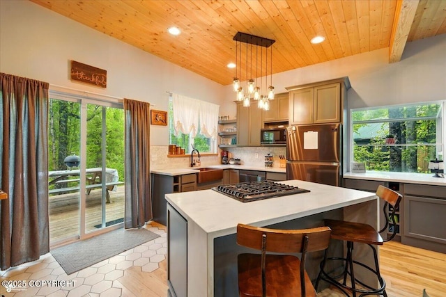 23069 Christiansen Lake Rd, Talkeetna, AK 99676 - kitchen with stainless steel appliances, wooden ceiling, light countertops, open shelves, and plenty of natural light