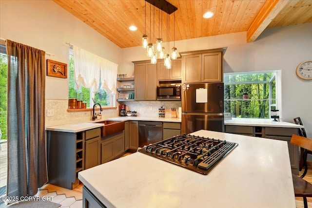 23069 Christiansen Lake Rd, Talkeetna, AK 99676 - kitchen featuring stainless steel appliances, open shelves, a wooden ceiling with exposed beams, light countertops, and recessed lighting
