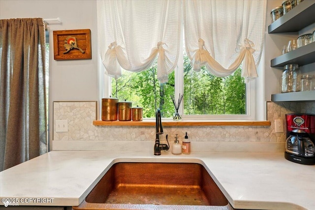 23069 Christiansen Lake Rd, Talkeetna, AK 99676 - kitchen view of tasteful backsplash, open shelves, and light countertops