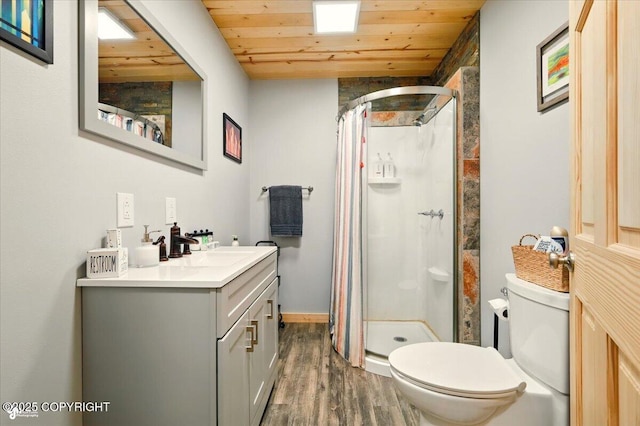 23069 Christiansen Lake Rd, Talkeetna, AK 99676 - bathroom with a shower stall, wood finished floors, vanity, and wood ceiling