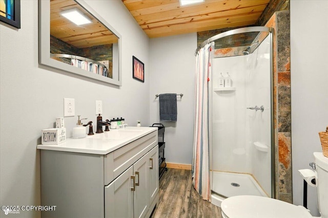23069 Christiansen Lake Rd, Talkeetna, AK 99676 - full bathroom featuring wooden ceiling, a stall shower, wood finished floors, and vanity