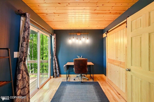 23069 Christiansen Lake Rd, Talkeetna, AK 99676 - office featuring wooden ceiling, a barn door, and wood finished floors