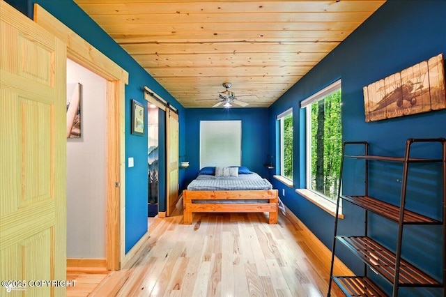 23069 Christiansen Lake Rd, Talkeetna, AK 99676 - bedroom featuring wood finished floors, wooden ceiling, and a barn door