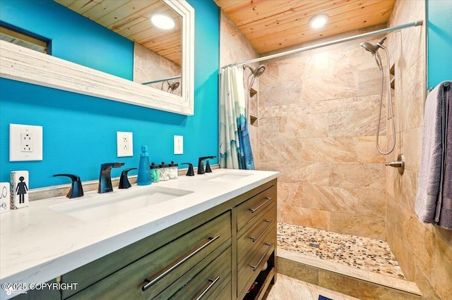 23069 Christiansen Lake Rd, Talkeetna, AK 99676 - full bathroom with wooden ceiling, recessed lighting, a tile shower, and double vanity