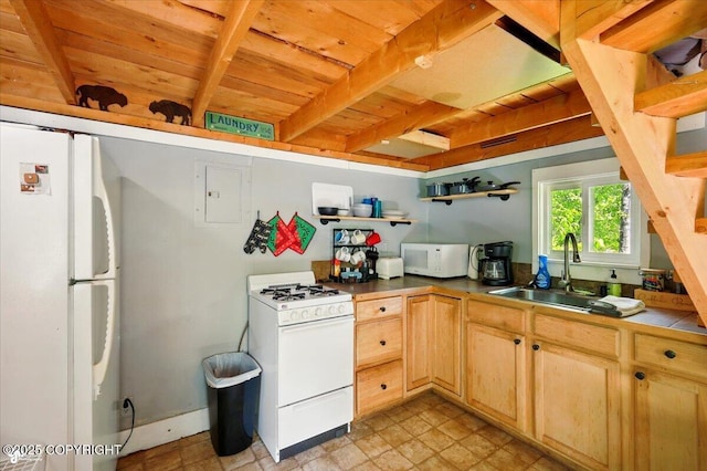 23069 Christiansen Lake Rd, Talkeetna, AK 99676 - kitchen featuring white appliances, open shelves, a wooden ceiling with exposed beams, light brown cabinets, and electric panel